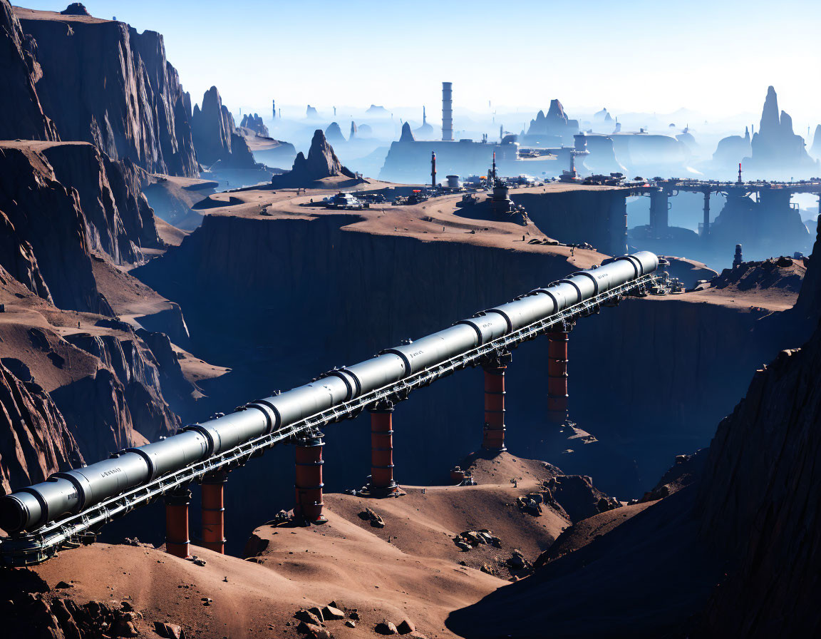 Futuristic pipeline in barren desert with distant cliffs and towers