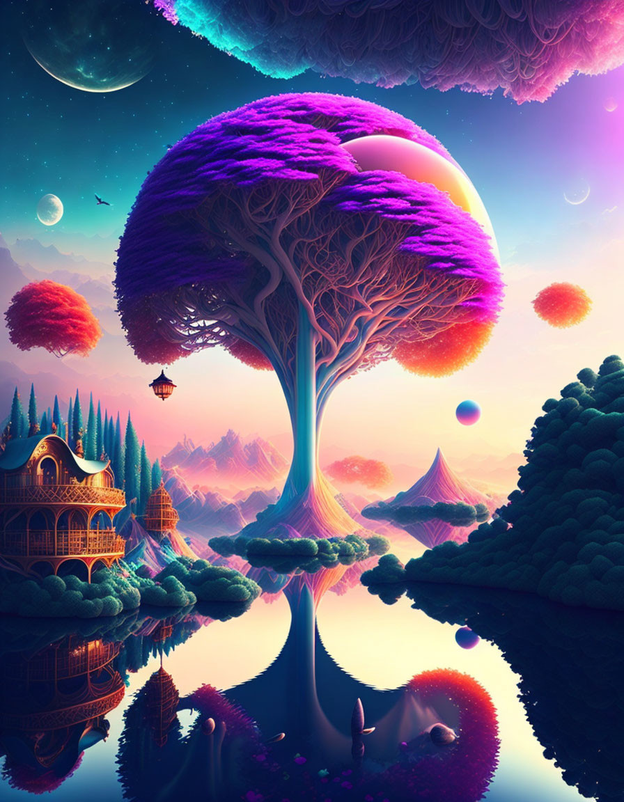 Fantasy landscape with purple tree, floating islands, and celestial bodies