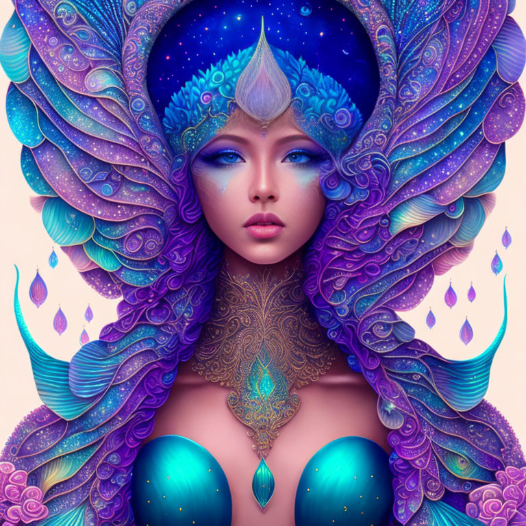 Colorful woman with blue skin, cosmic headdress, feathers, gems, and tattoos