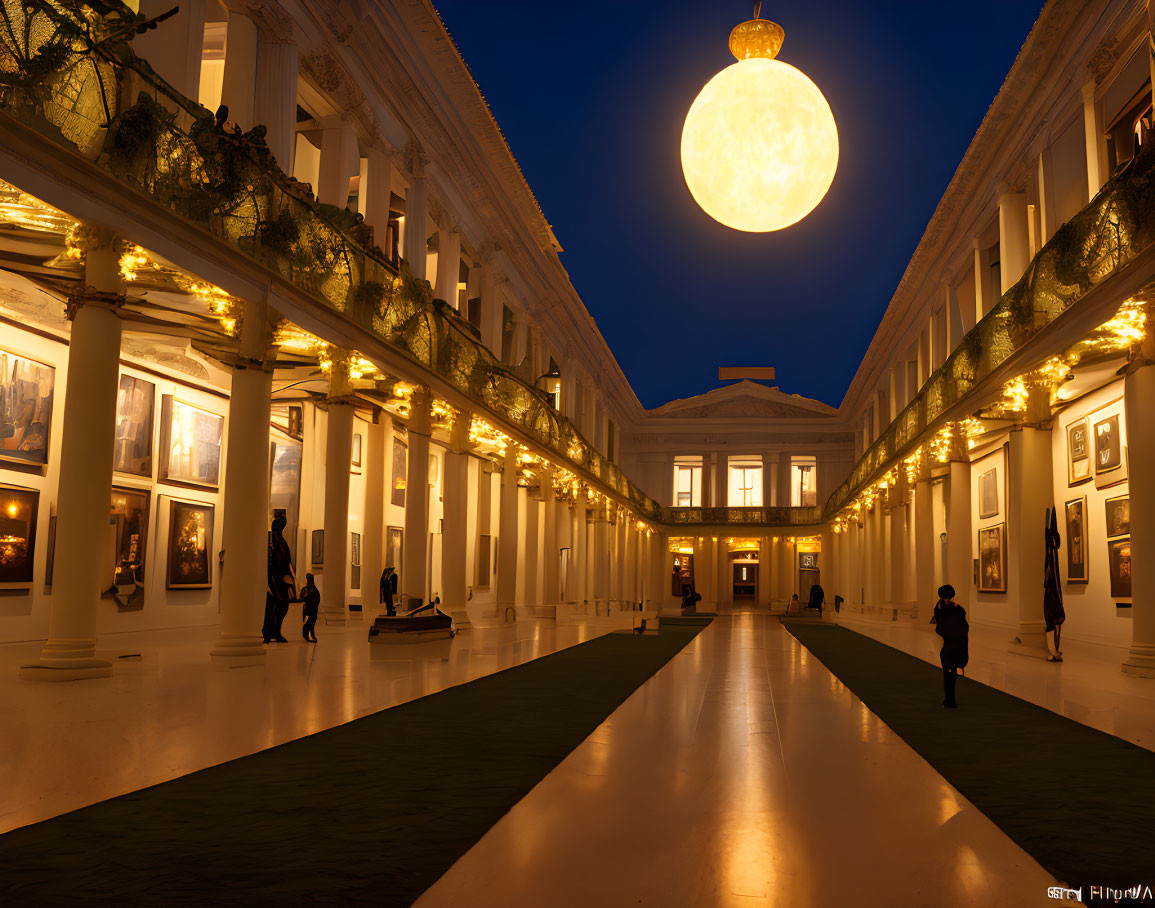 Sophisticated art gallery with paintings, glowing chandelier, and visitors observing.