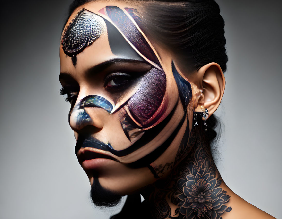 Colorful Futuristic Warrior Face Paint with Metallic Textures