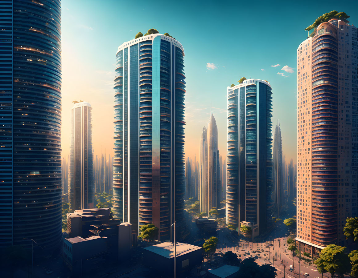 Futuristic cityscape with tall, curved skyscrapers in lush green setting