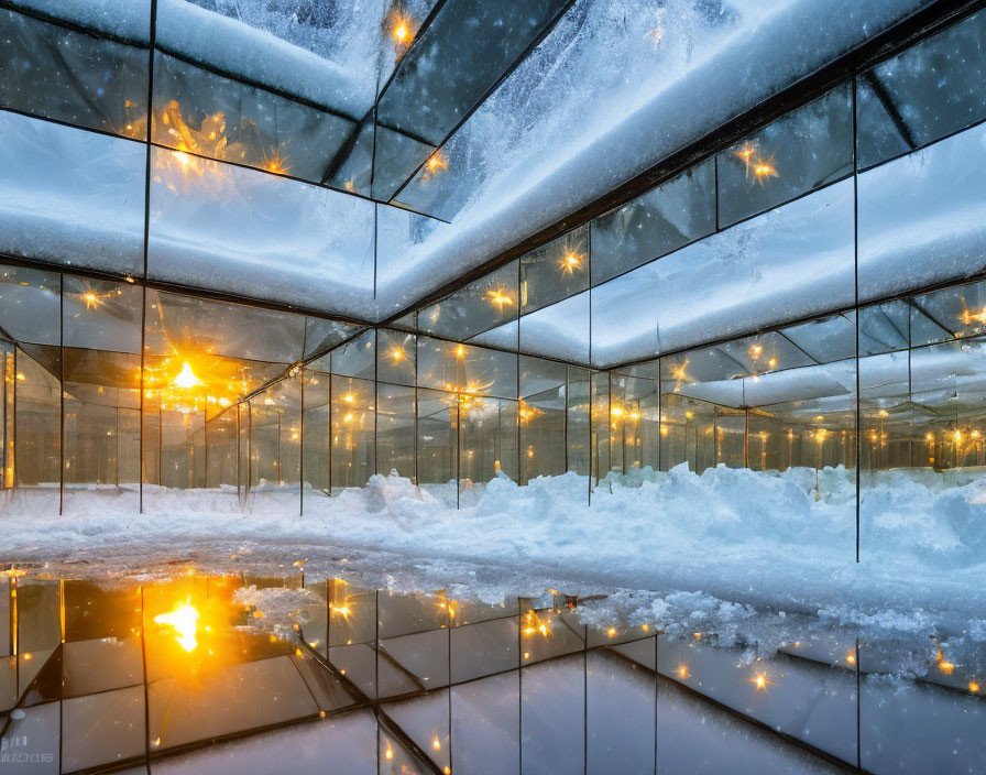 Symmetrical Glass Structure Reflection in Snow with Geometric Patterns