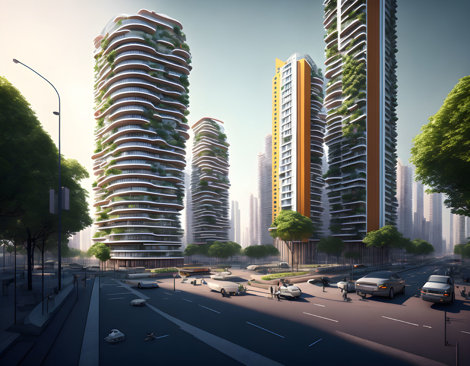 Curved high-rise buildings in futuristic cityscape with lush greenery.