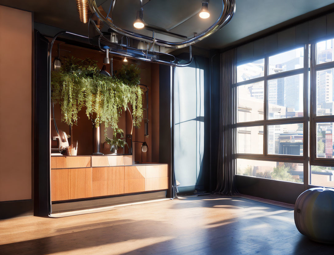 Contemporary office with wooden furniture, hanging greenery, city view windows.