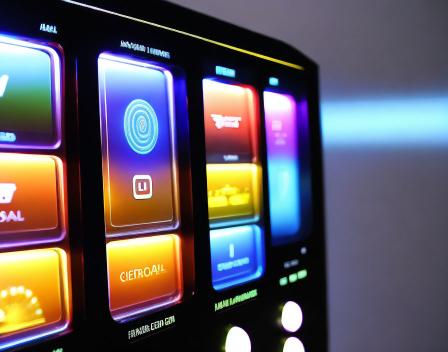 Colorful digital vending machine interface with touchscreens and product options.