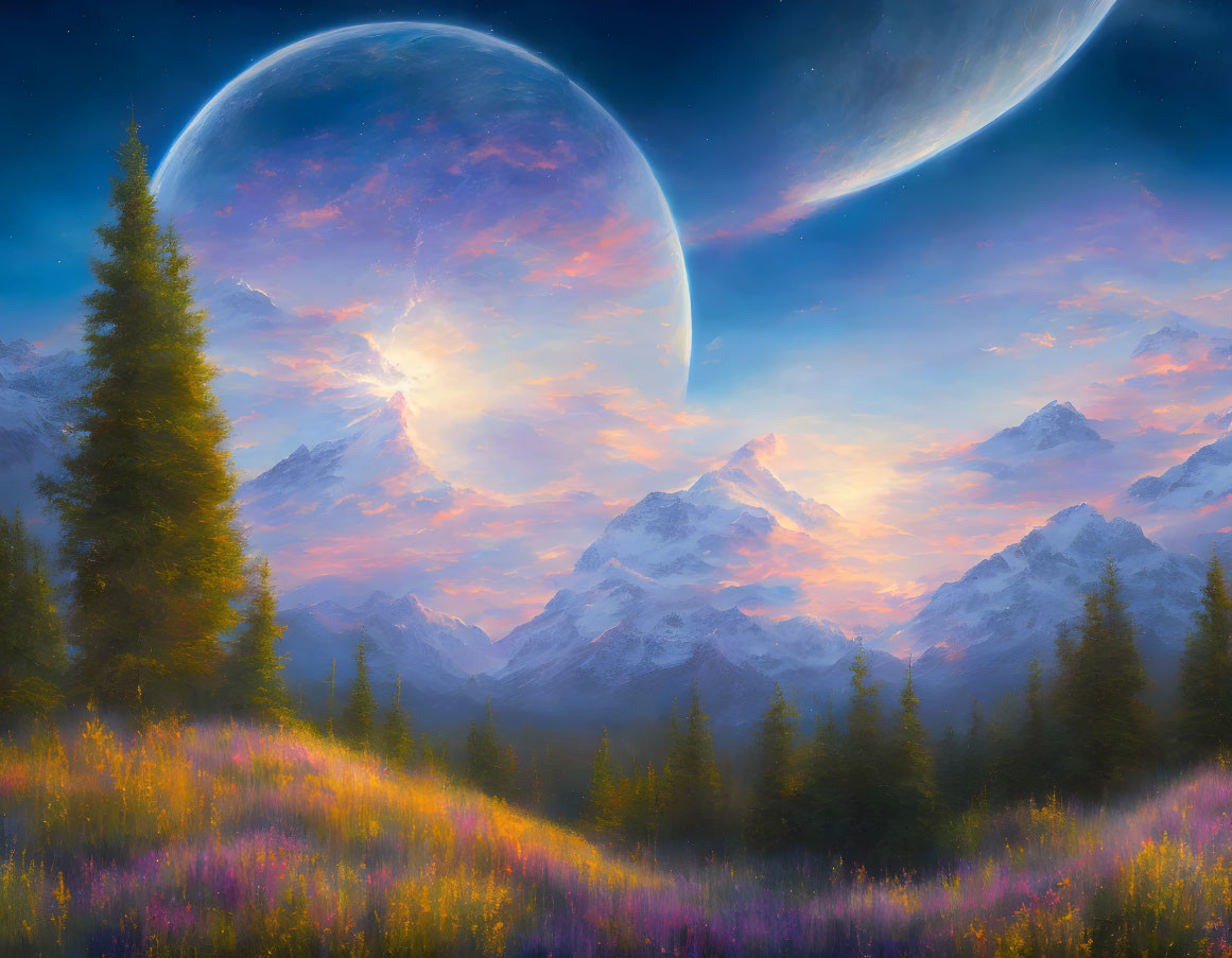 Snow-capped mountains, wildflowers, and celestial sky in vibrant landscape