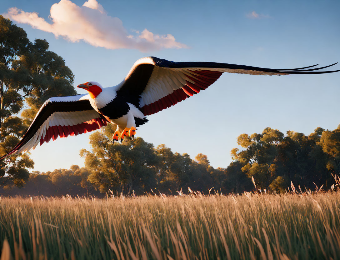 Majestic eagle flying over golden field with sunlit trees