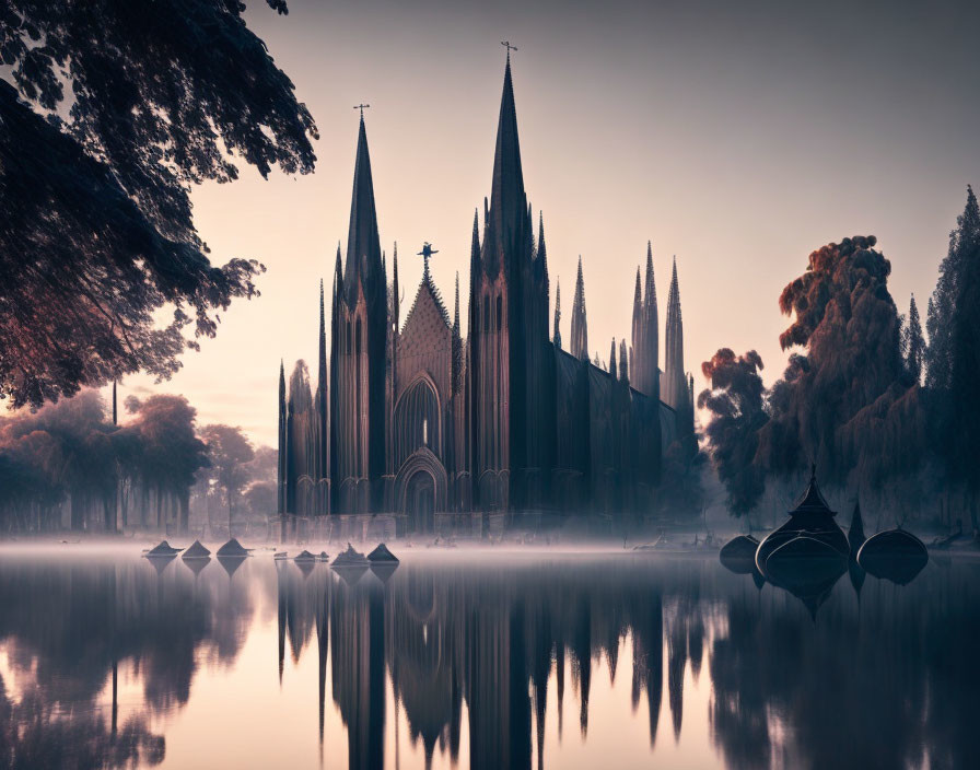 Mystical church with pointed spires reflected on mirror-like lake at dawn or dusk