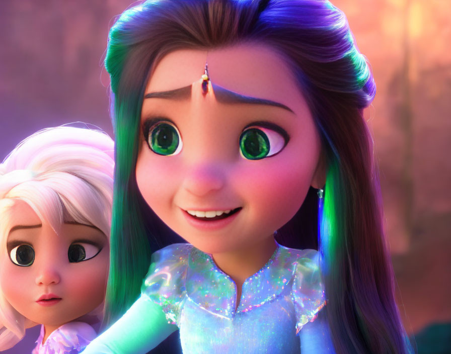 Detailed close-up of animated characters with large green eyes and gemstone adornment.