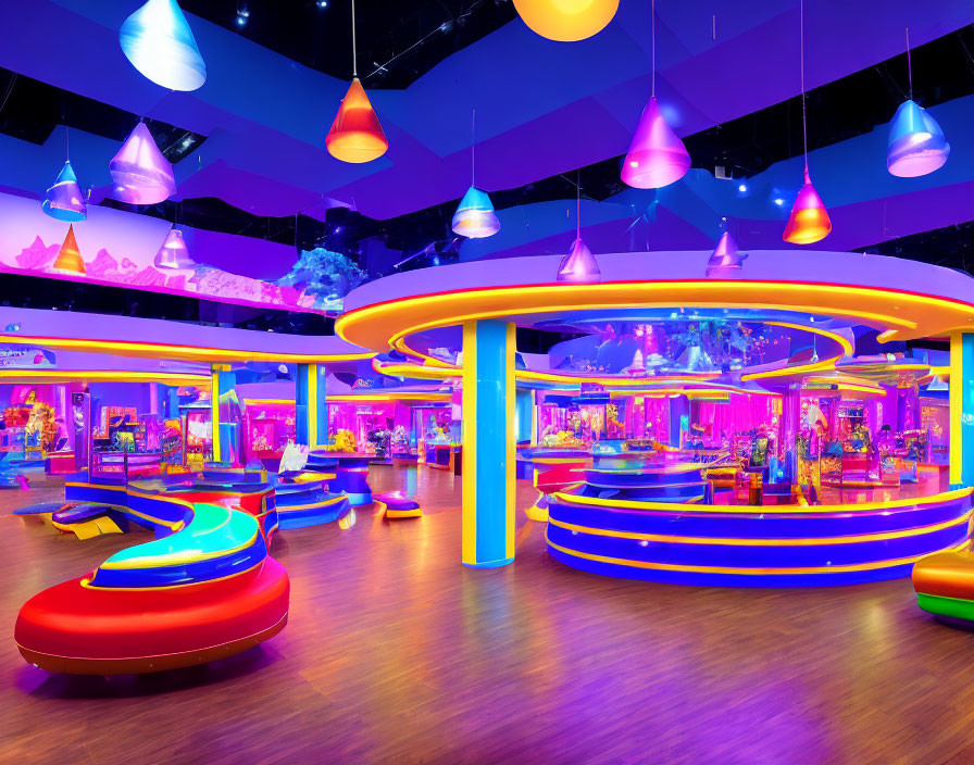 Colorful Arcade Interior with Neon Lights and Gaming Machines