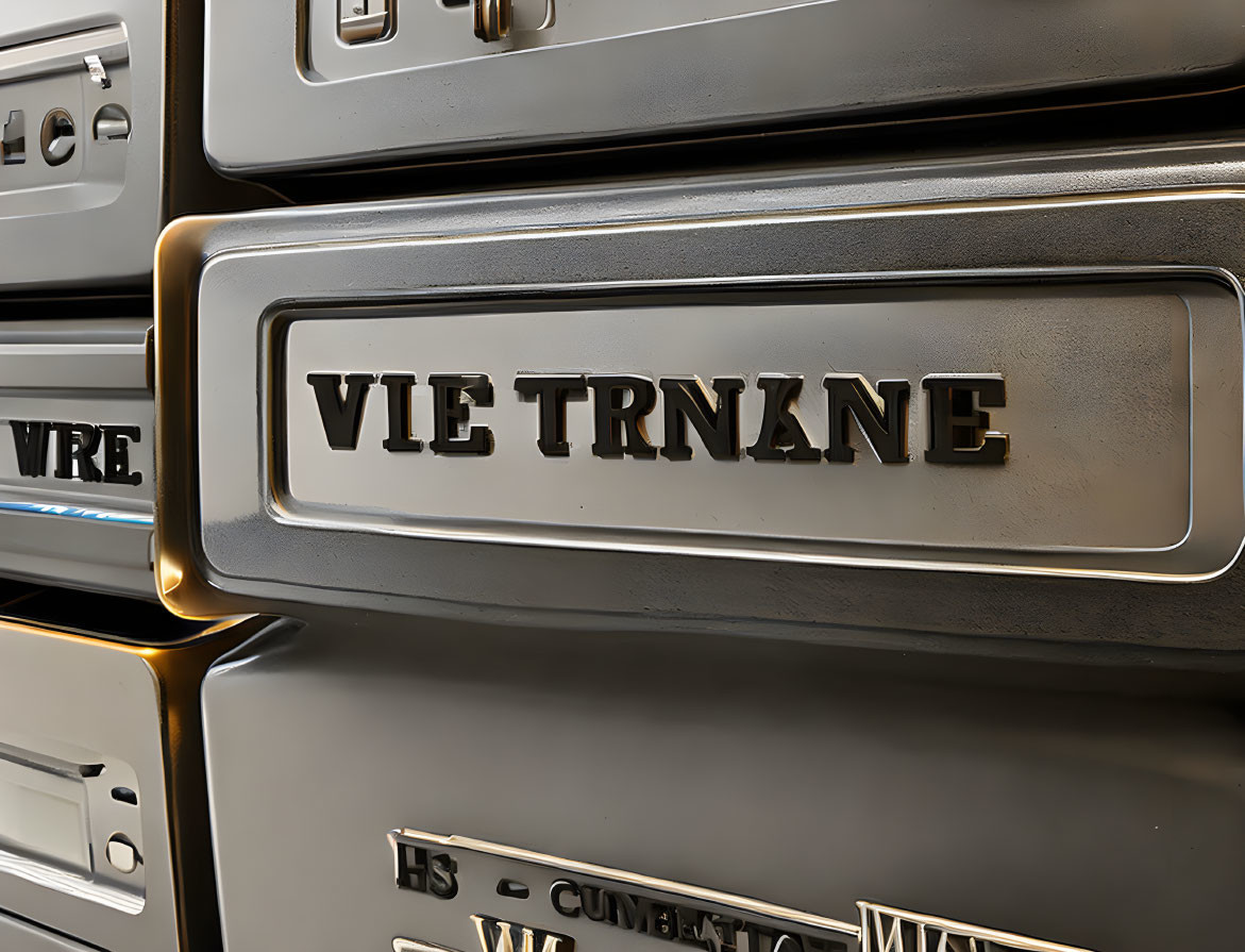 Metal filing cabinet drawer with "VIETNANE" label slot in close-up