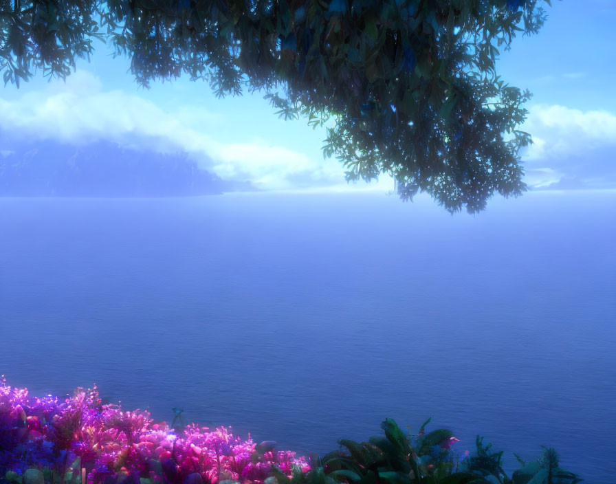 Ocean view with sunlight, leafy branches, and vibrant flowers