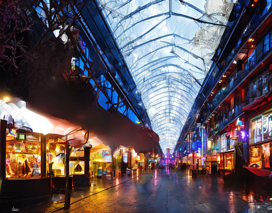 Colorful night market scene under glass canopy with illuminated stalls and neon signs