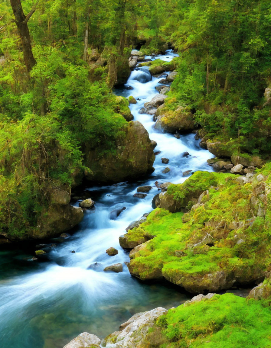 Tranquil river in lush green forest with vibrant foliage