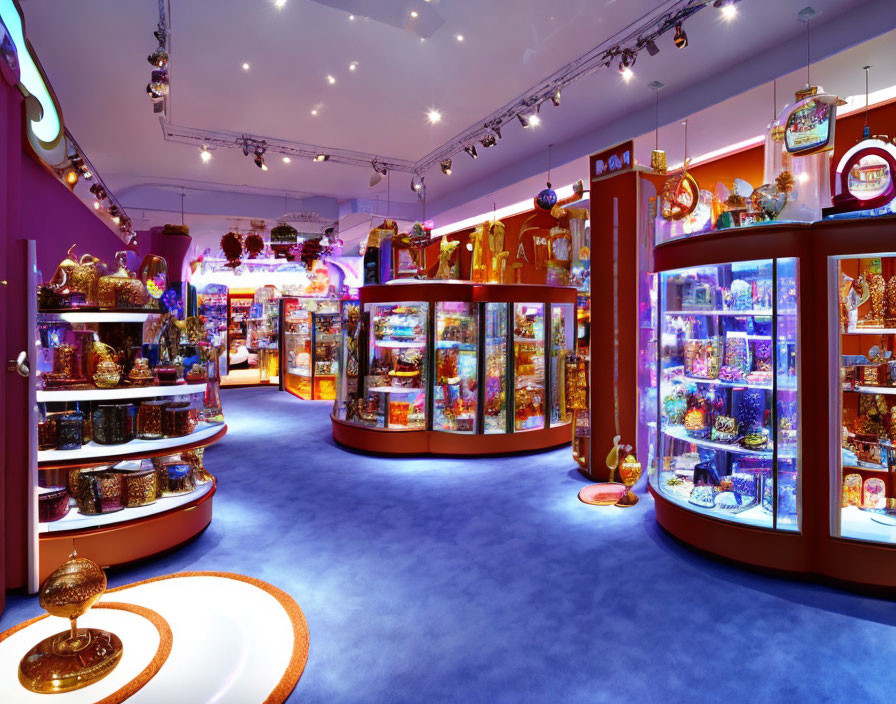 Colorful candy store with purple walls and illuminated display cases.