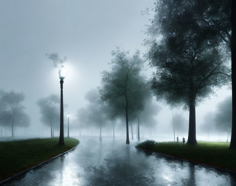 Twilight park scene with glowing street lamps and fog-covered trees