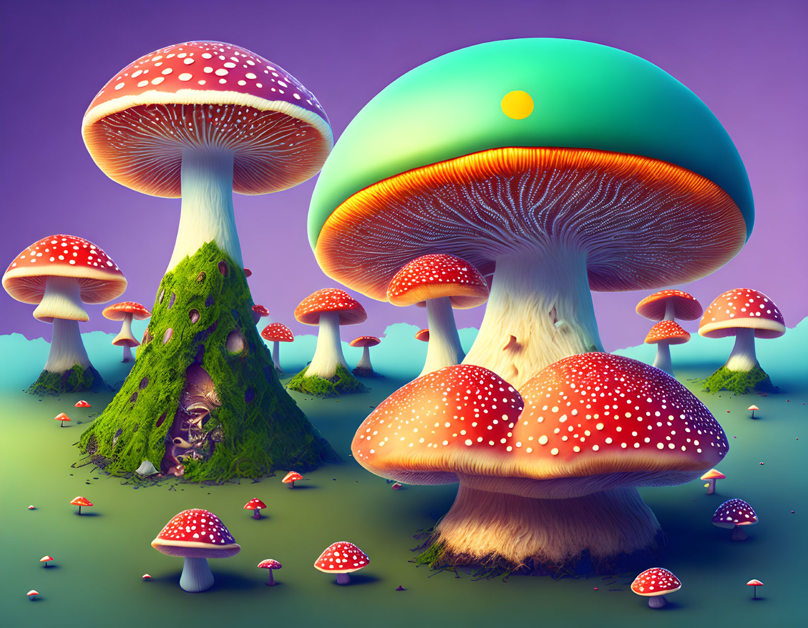 Vibrant oversized whimsical mushroom illustration on violet background