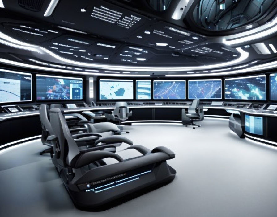 Sleek futuristic control room with multiple screens and illuminated panels