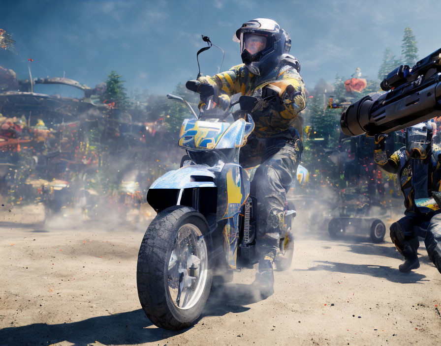 Motorcyclist in yellow gear rides through chaotic, dusty scene.