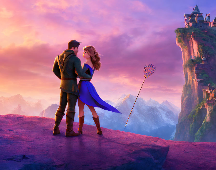 Animated sunset cliff scene with romantic couple and castle.