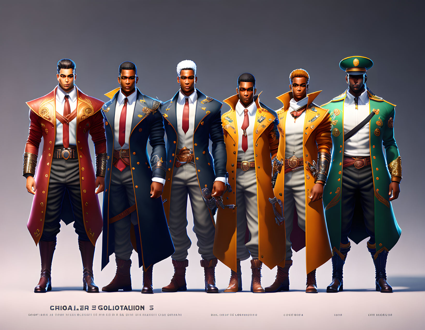 Six men in futuristic military uniforms with medals and confident stance