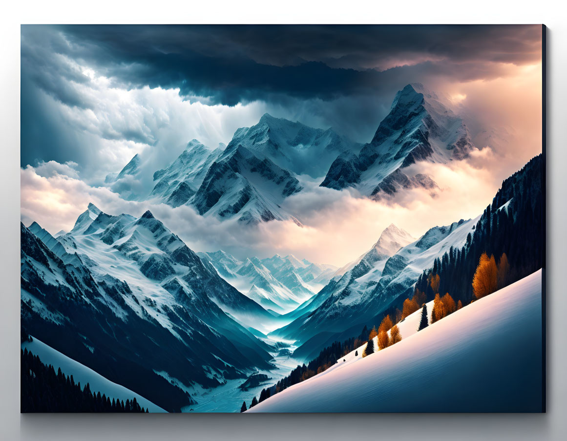 Snowy mountain range under stormy sky with sunlit trees - wall art canvas