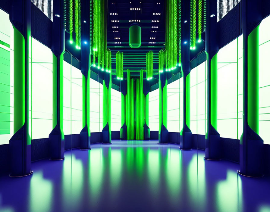 Glowing green lights in futuristic server room