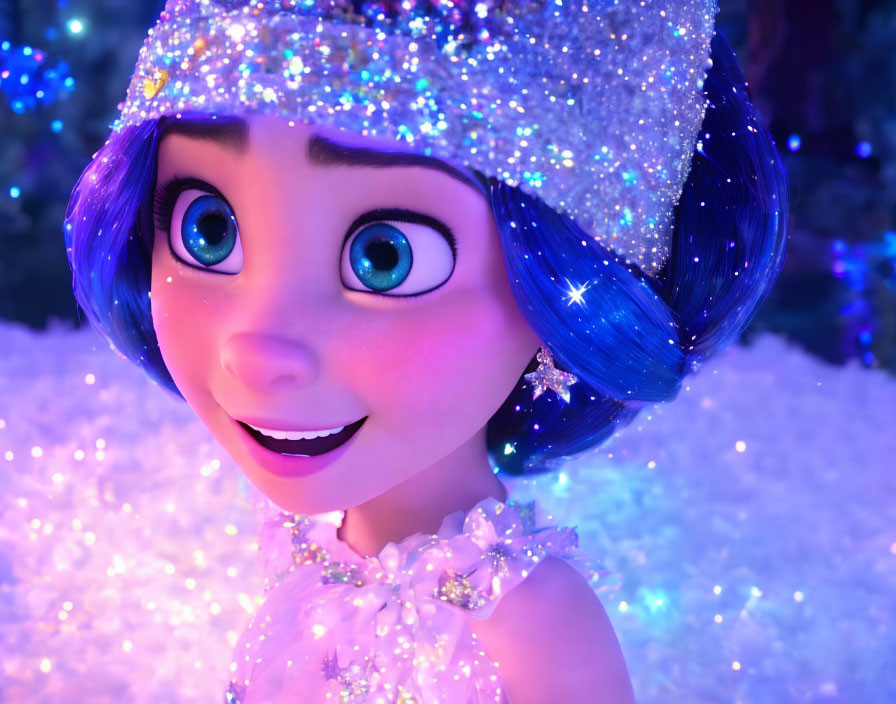 3D animated character with blue hair, hat, wide eyes, and joyful expression in twinkling lights