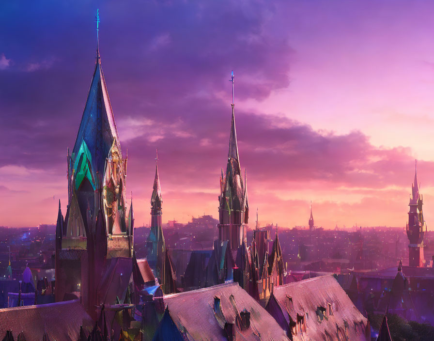 Fantasy cityscape at dusk: vibrant purple skies, pointed spires