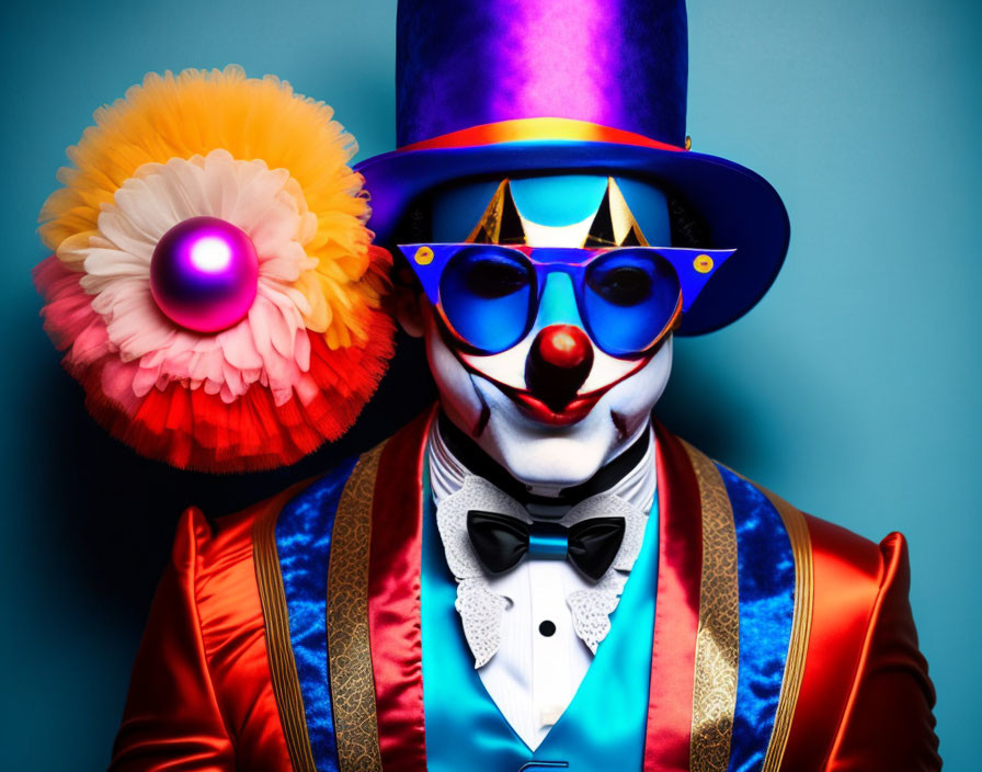 Colorful Clown in Patterned Outfit with Top Hat and Sunglasses on Blue Background