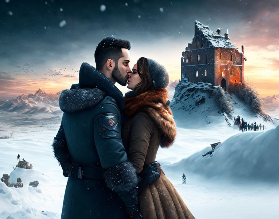 Romantic kiss in snowy landscape with castle, people, and twilight sky