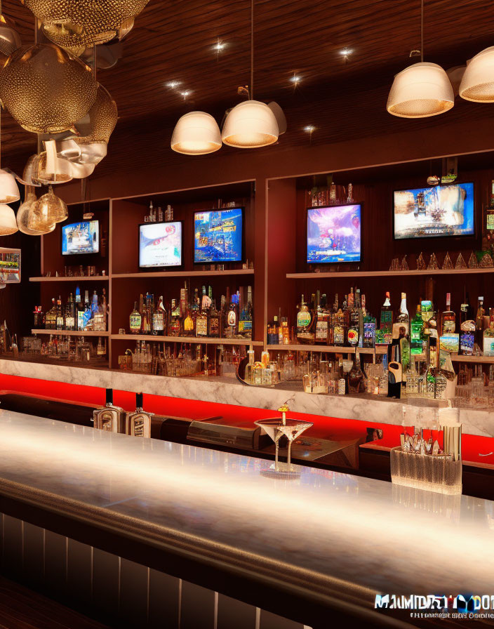 Contemporary bar with glowing counter, pendant lights, high stools, and sports TVs.