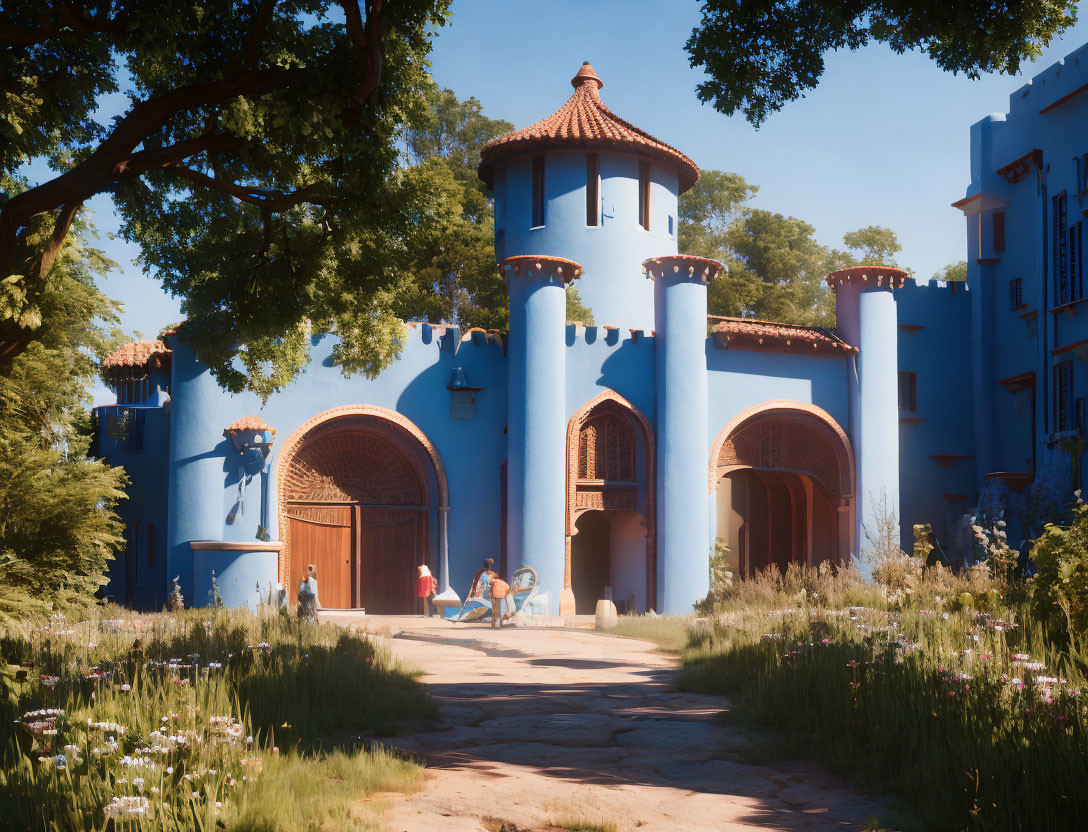 Tranquil path to blue building with terracotta roofs and lush greenery