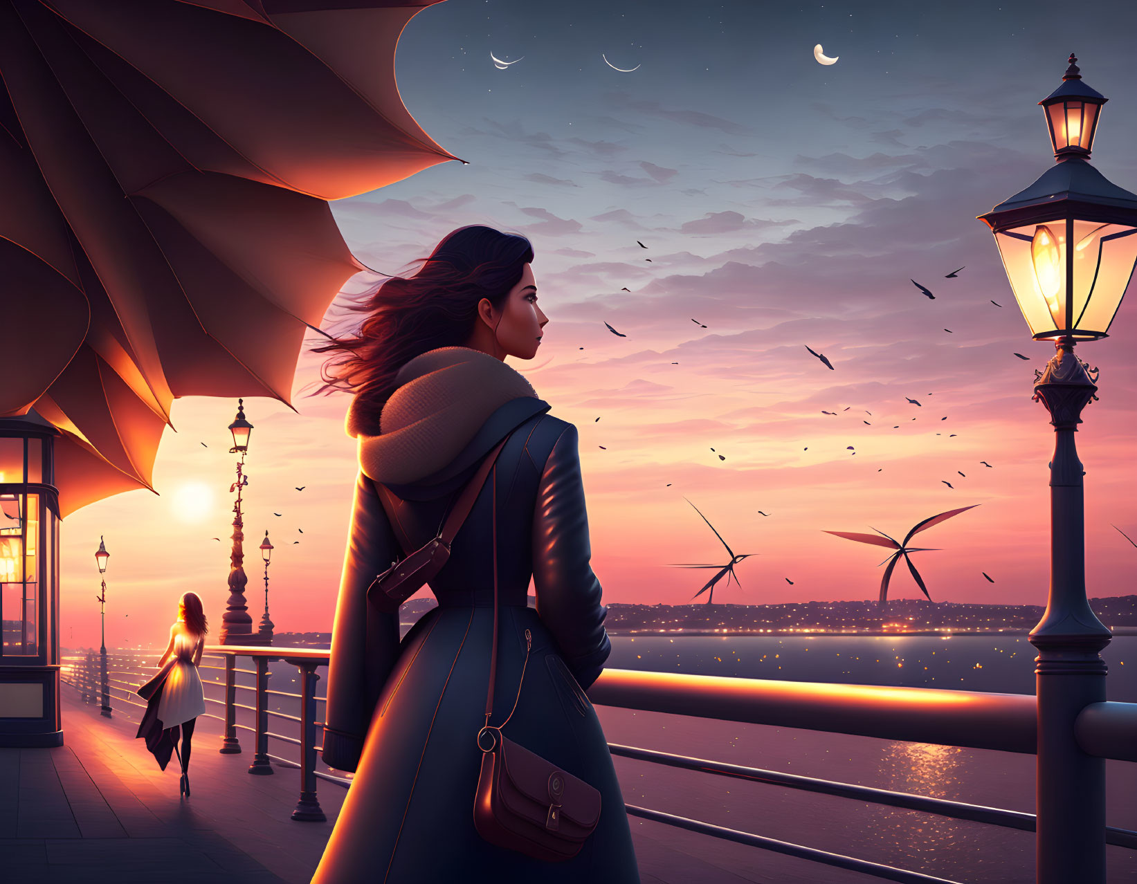 Woman admiring sunset by the sea with birds flying and wind farm in distance