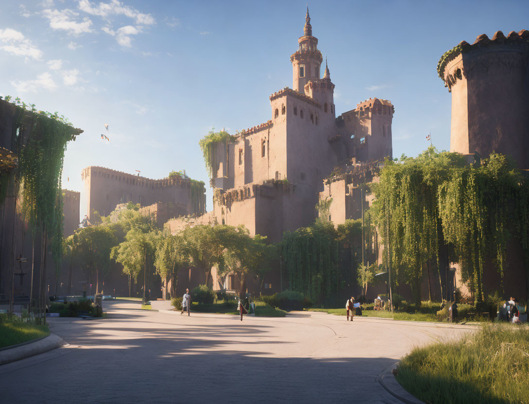 Sunlit courtyard with sandstone walls, towers, and ivy under blue sky