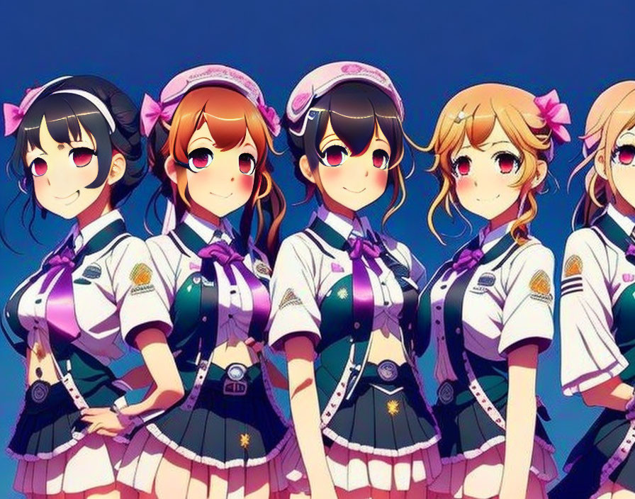 Five animated female characters in sailor-style uniforms under clear blue sky