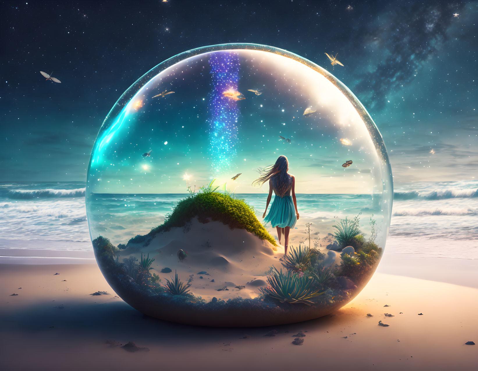 Girl in transparent cosmic bubble on beach at twilight