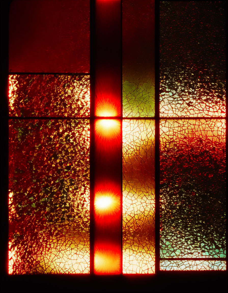 Warm-Colored Stained Glass Window with Textured Patterns and Sun-like Designs