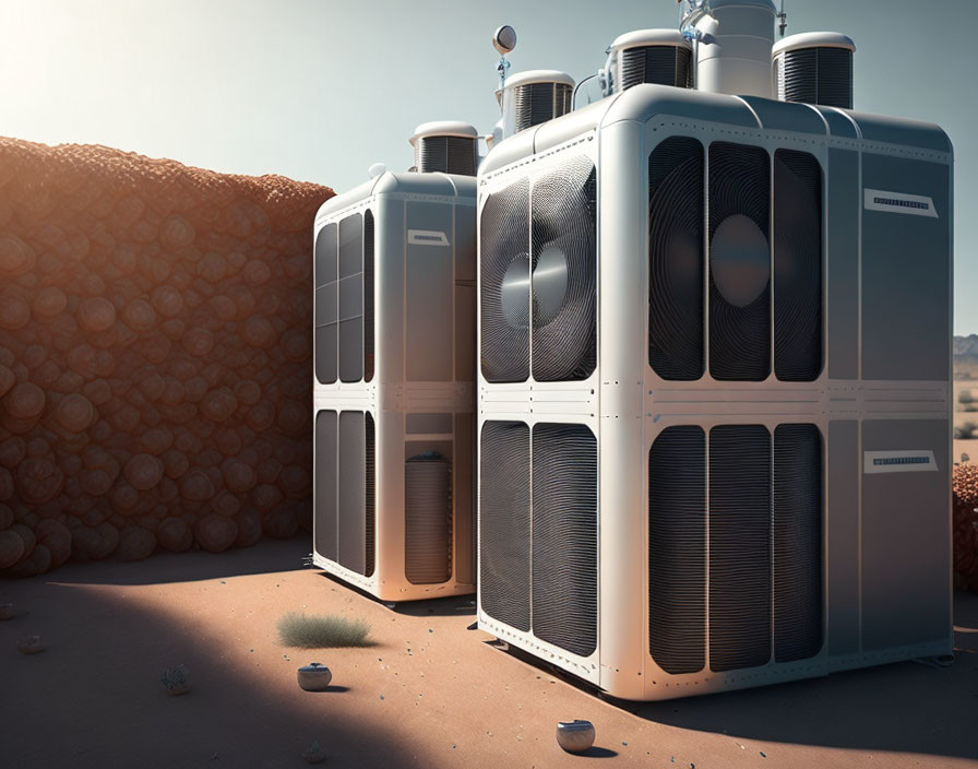 Industrial air conditioning units in desert setting with rocky terrain and clear sky