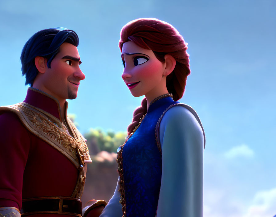 Animated characters in royal outfit and blue dress gaze at each other against soft-focus background