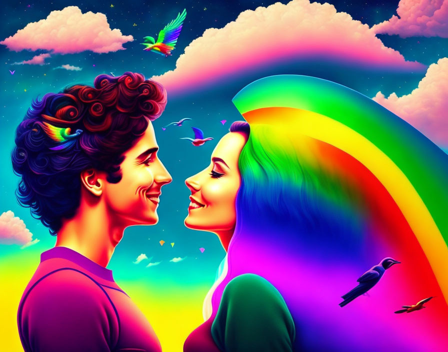 Colorful illustration of man and woman smiling with rainbow and sunset sky.