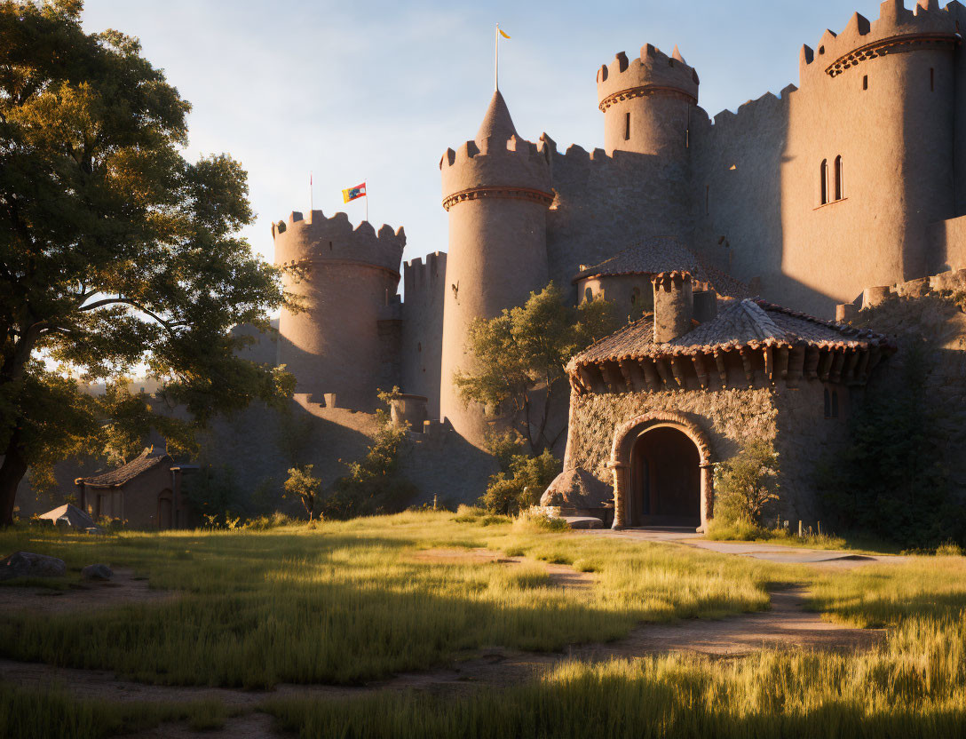 Medieval stone castle with towers and pennants in lush green landscape