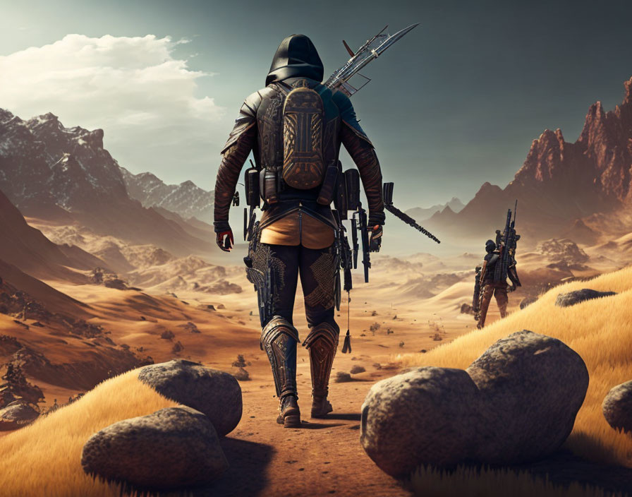 Armored figures in desert with rocky terrain and distant mountains