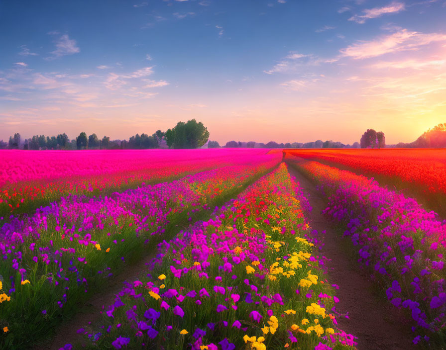 Pink and Purple Flower Fields at Sunset with Tire Tracks