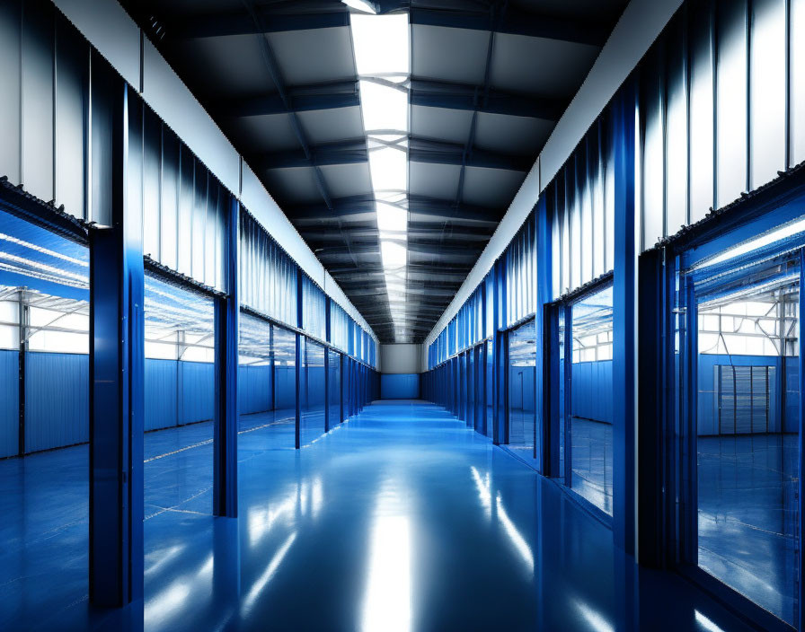 Modern warehouse interior with high ceilings and shiny blue floors