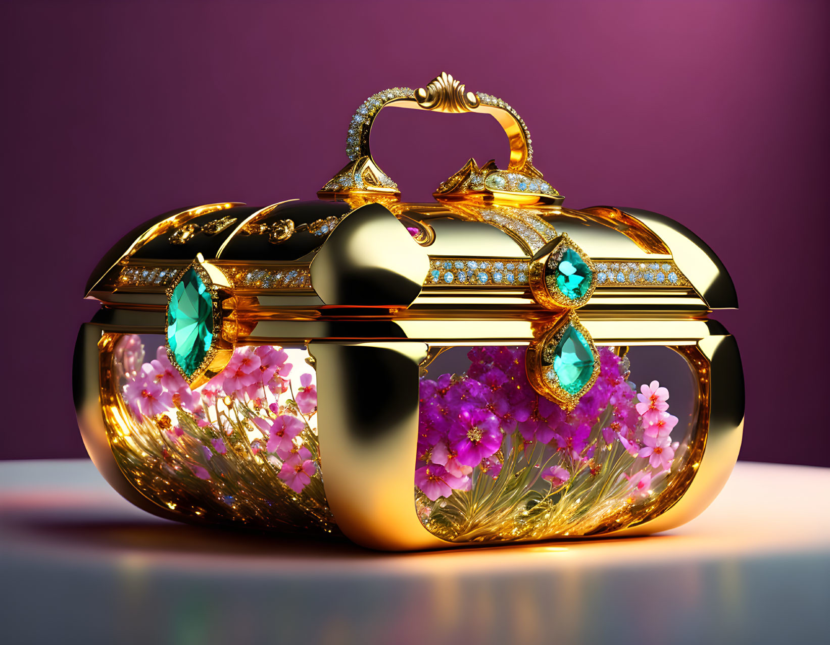 Golden clutch with emerald accents & floral designs on purple background