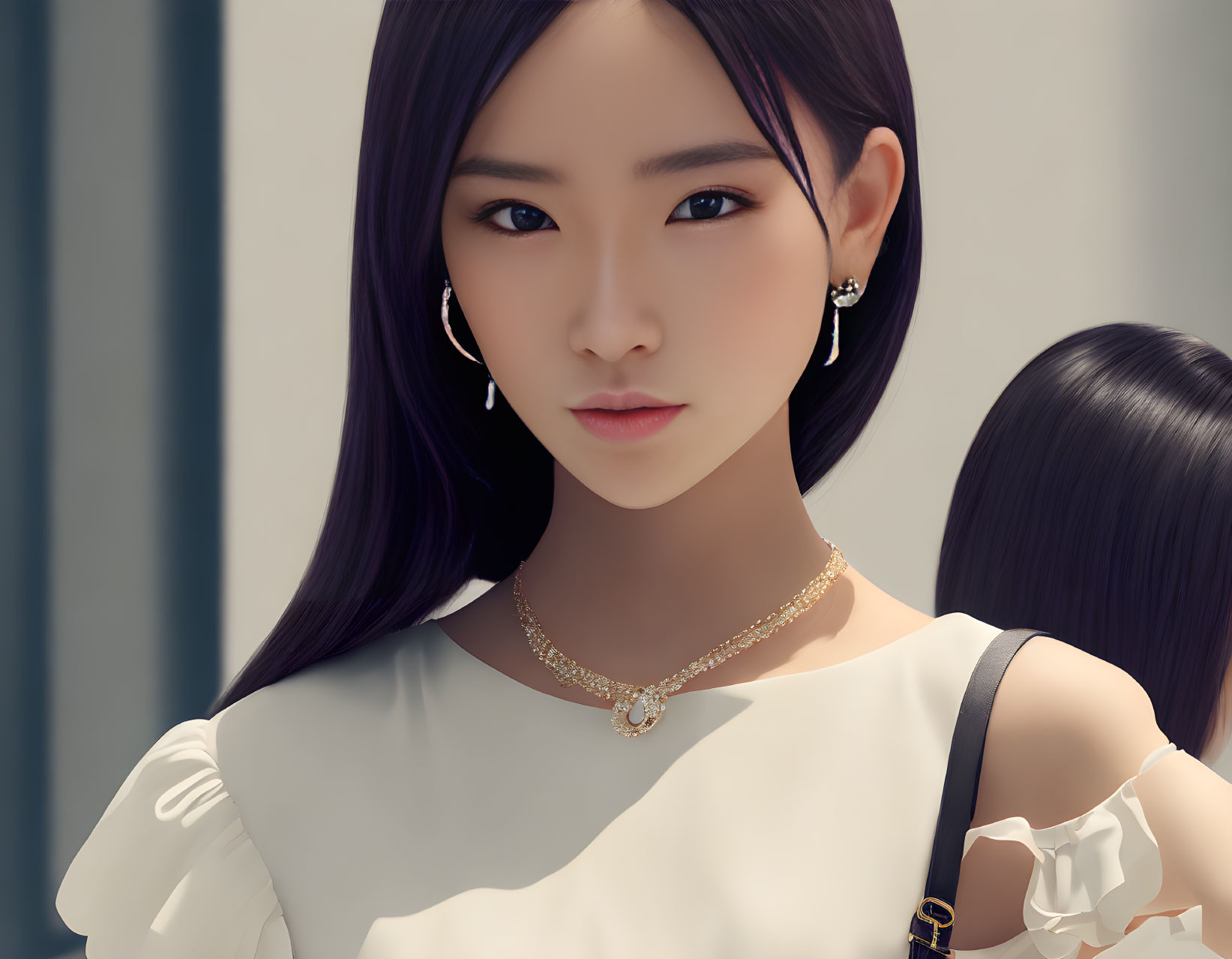 Close-up of digital artwork: Young woman with long dark hair, earrings, necklace, cream top with