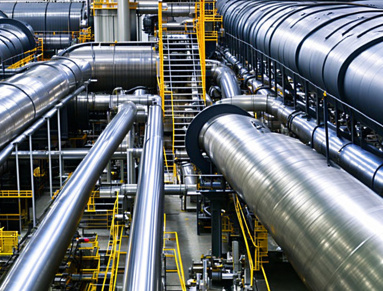 Industrial Setting with Large Metallic Pipes and Yellow Safety Railings