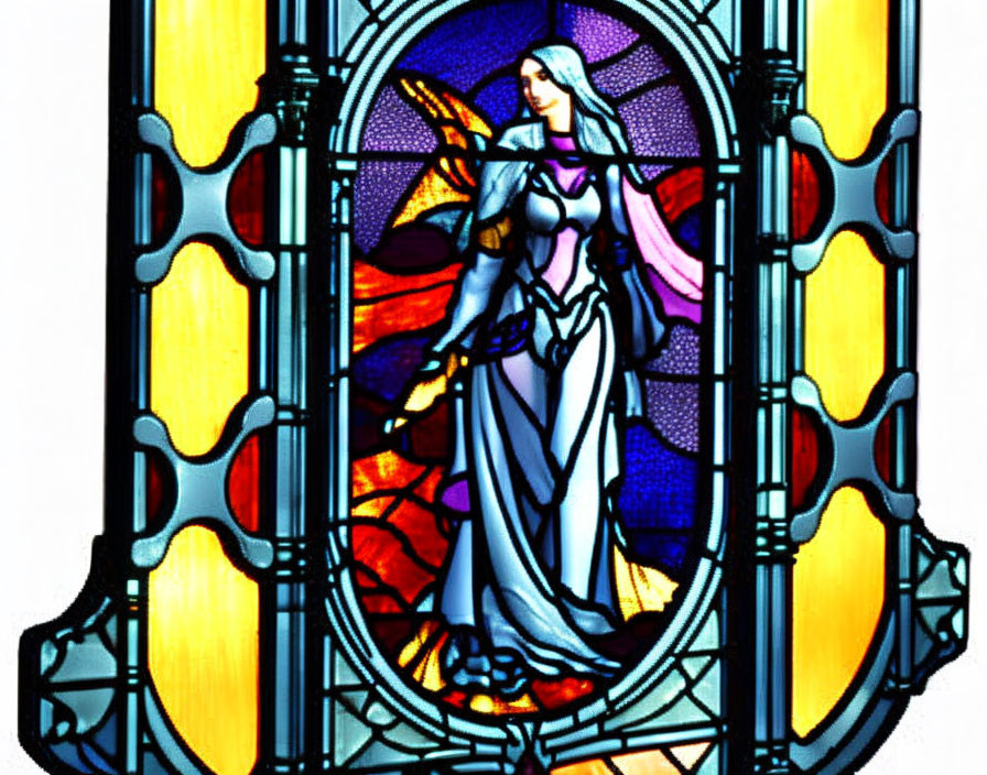 Colorful stained glass window featuring winged female figure in blue, purple, yellow, and red.